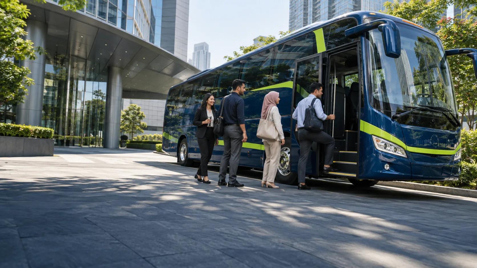 Illustration of a company group boarding a private coach
